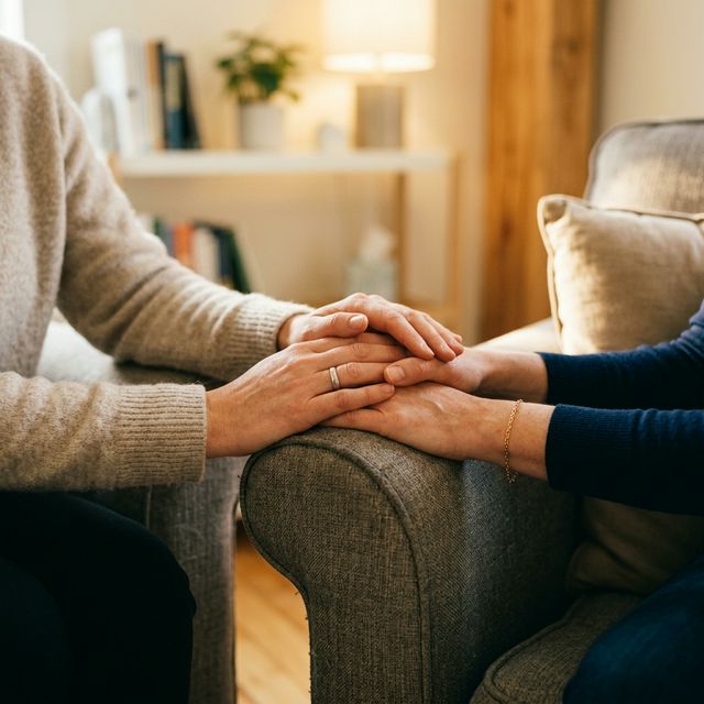 Psicóloga em atendimento empático – mãos acolhedoras em consultório
